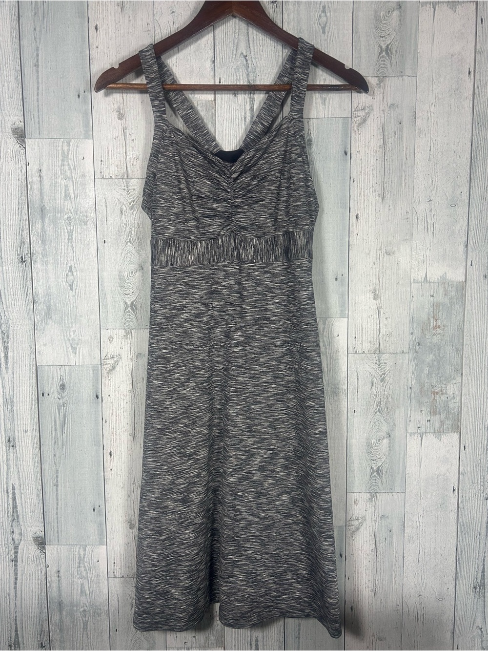 PrAna Medium Heather Gray Activewear Midi Dress Built In Bra Racerback Ruched
